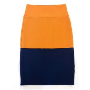 LuLaRoe Cassie mustard and navy skirt
